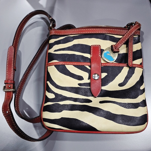 Dooney & Bourke Handbags - Dooney & Bourke Zebra Print Striped Leather Crossbody Bag Red Trim & Charm Fob